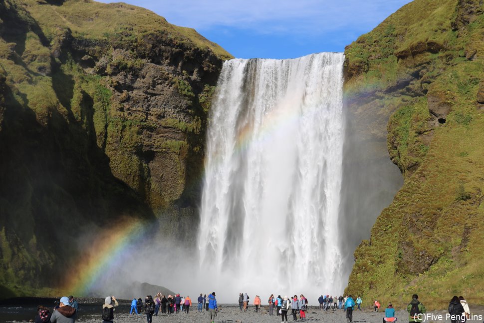 吹き上がる水で虹がかかったスコゥガフォス滝（南部アイスランド）