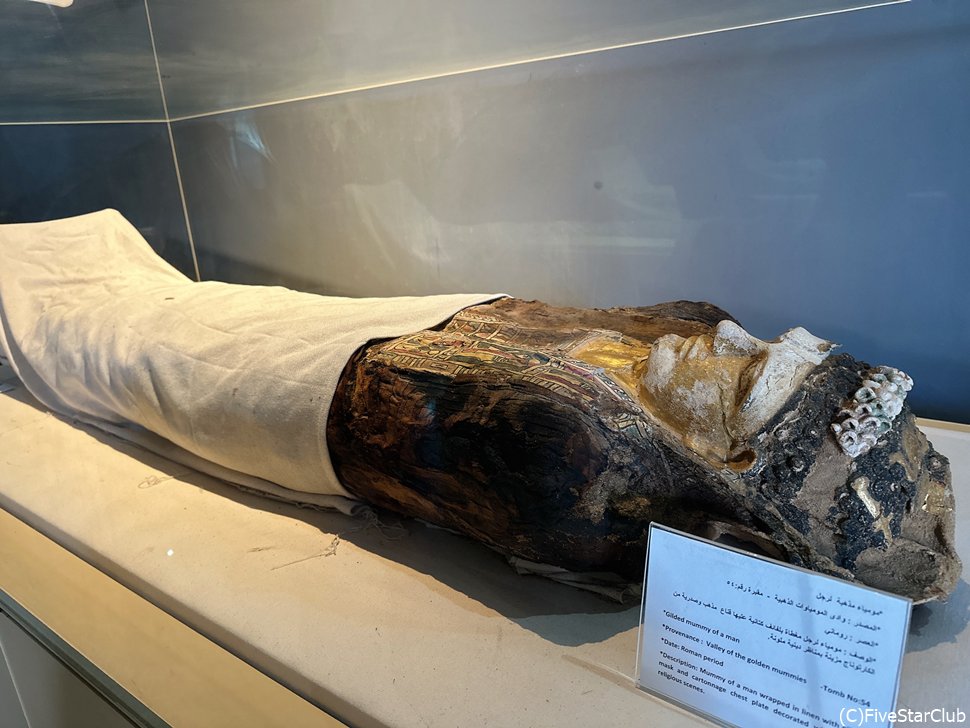 黄金のマスクのミイラが安置されている博物館にて